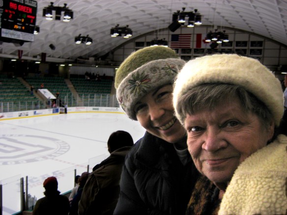 Fiber artist, Carrie Cahill Mulligan & Mom enjoy excellent women's ice hockey at Thompson Arena, in Hanover, NH.