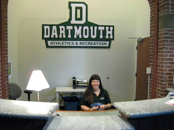 Checking id's at Dartmouth's Alumni Gym while Embroidering Hats