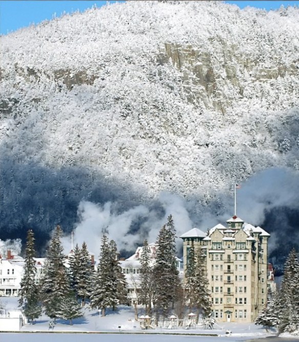 A dusting of snow frosts Dixville Notch & The Balsams Grand Resort Hotel.
