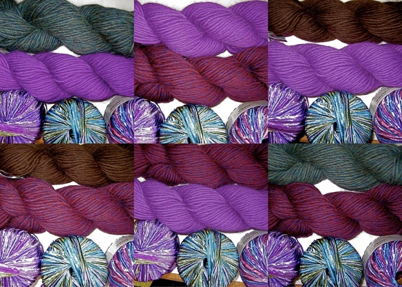 Yarn color combinations for a custom felt hat request.