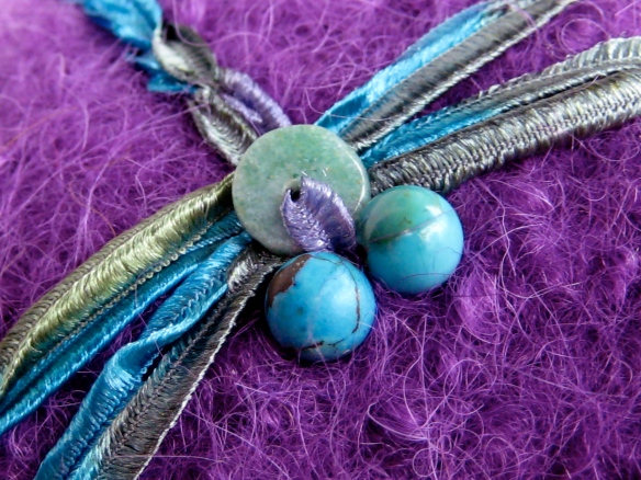 Embroidery Detail of CCM Felt Hat #20 of 2012 - ribbon dragonfly with turquoise & jade gemstones.  