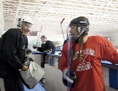 Playing hockey in my favorite red jersey from the Dick Dodds Hockey Academy for  Adults at Campion Rink , near Hanover, New Hampshire.