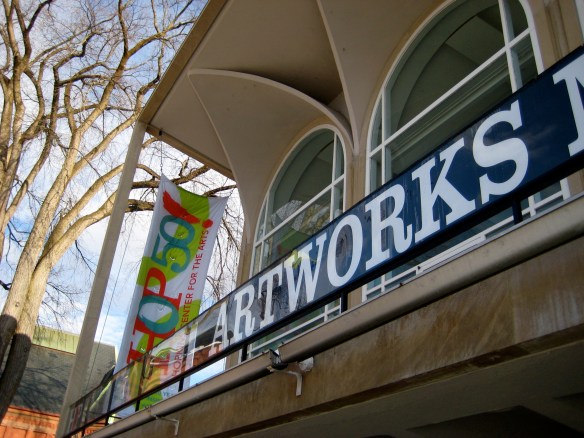 The ArtWorks banner hangs above the Hopkins Center entrance, celebrating the creative & artistic talents of over 70 Dartmouth College Employees in Hanover, New Hampshire.  