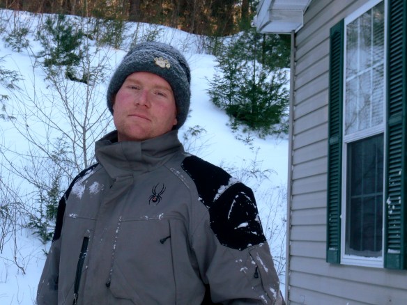 Chris Farrell rocks his wife Katie's Antler Paw Print Felt Hat, especially for snowblowing.