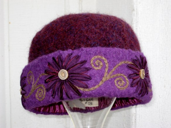 Carol K's gorgeous custom embroidered purple felt hat #58 of 2013, by local fiber artist, Carrie Cahill Mulligan of Canaan, NH.