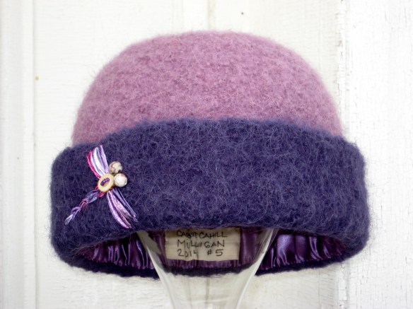 Knitted felt hat #4 of 2014, with freehand dragonfly embroidery by New Hampshire fiber artist, Carrie Cahill Mulligan, of Canaan, NH.